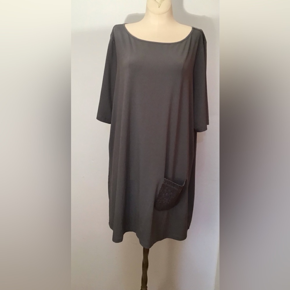Joan Rivers 1X Shirt Top Gray Long Tunic‎ Bling Pocket Minimalist Lagenlook
